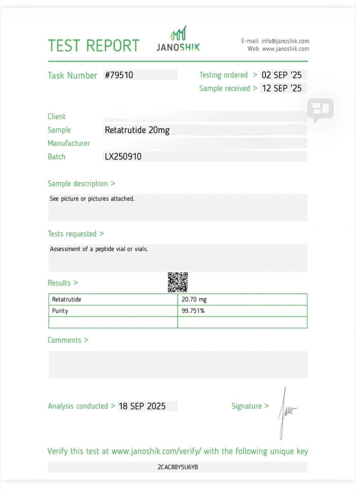 This is the purity and coa for retatrutide we have all of our peptides third party tested