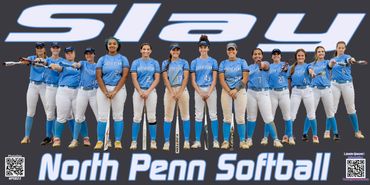 North Penn Softball team posing with bats in uniform.