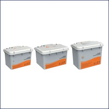 Three gray lithium iron phosphate batteries with orange labels.