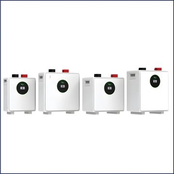 Four white battery storage units with digital displays and red and black terminals on top.