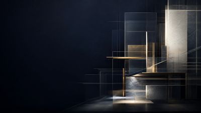 Abstract geometric shapes with metallic textures on dark background.