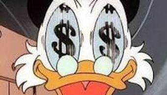 Cartoon duck with dollar signs in eyes showing excitement about money.