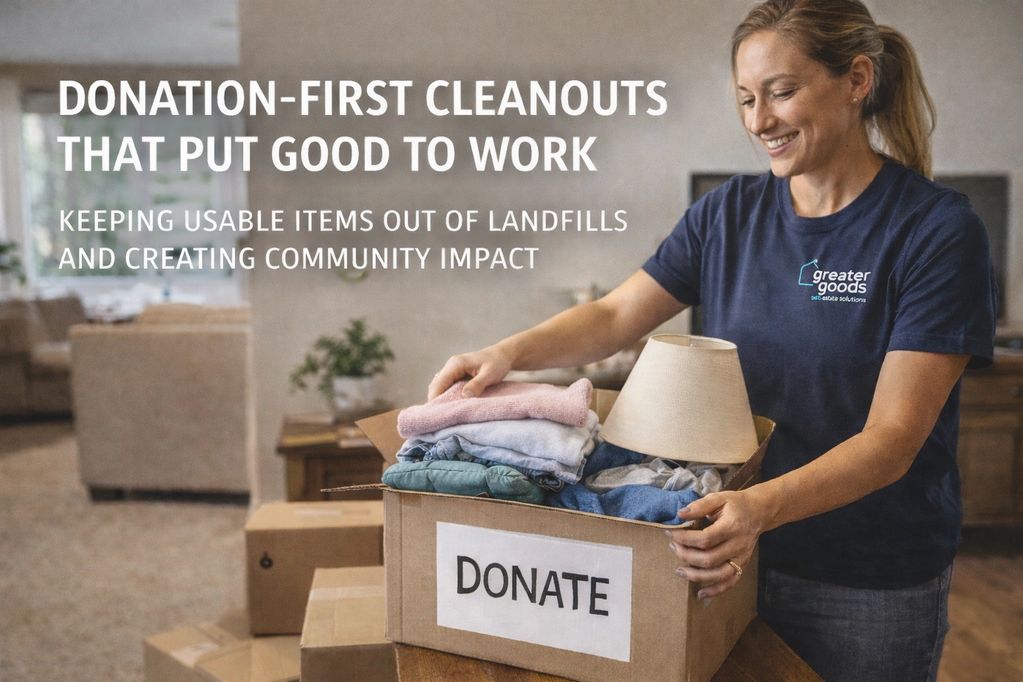A Greater Goods team member packing donated household items during a donation-first estate cleanout.