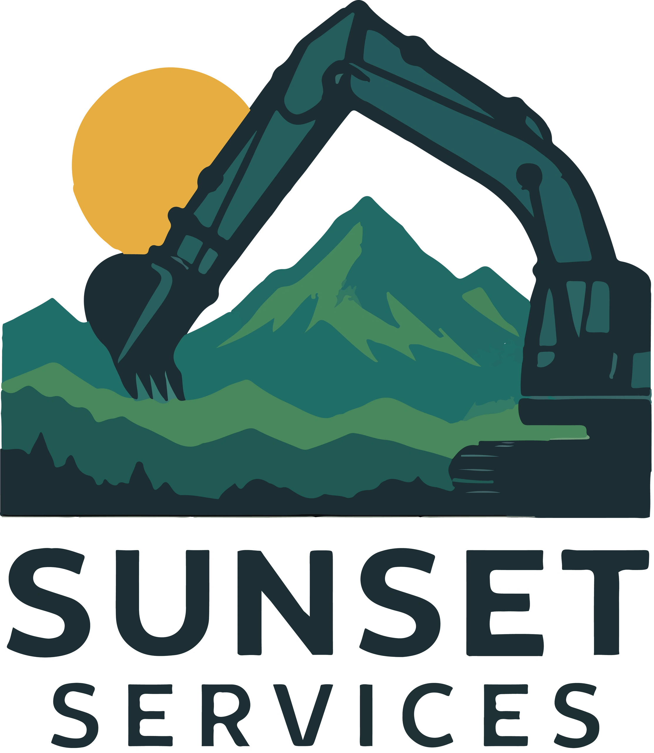 Logo of Sunset Services with excavator and mountain sunset.