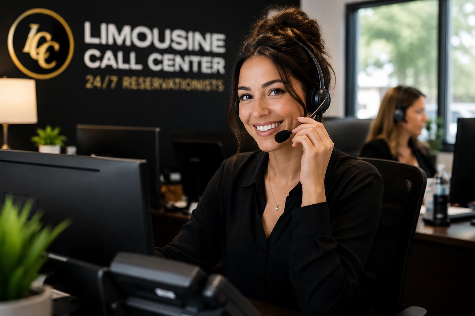 Professional limousine call center reservation agent providing 24/7 customer support for luxury