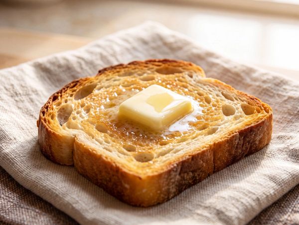 Buttered toast on a cloth napkin.
