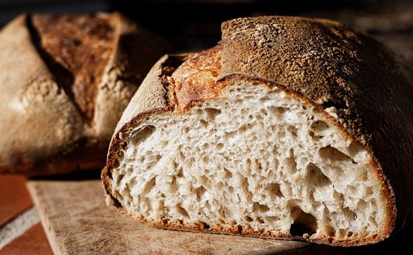 Close-up of freshly baked artisan bread.