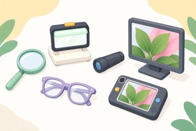Illustration of nature observation tools displaying a leaf on screens.