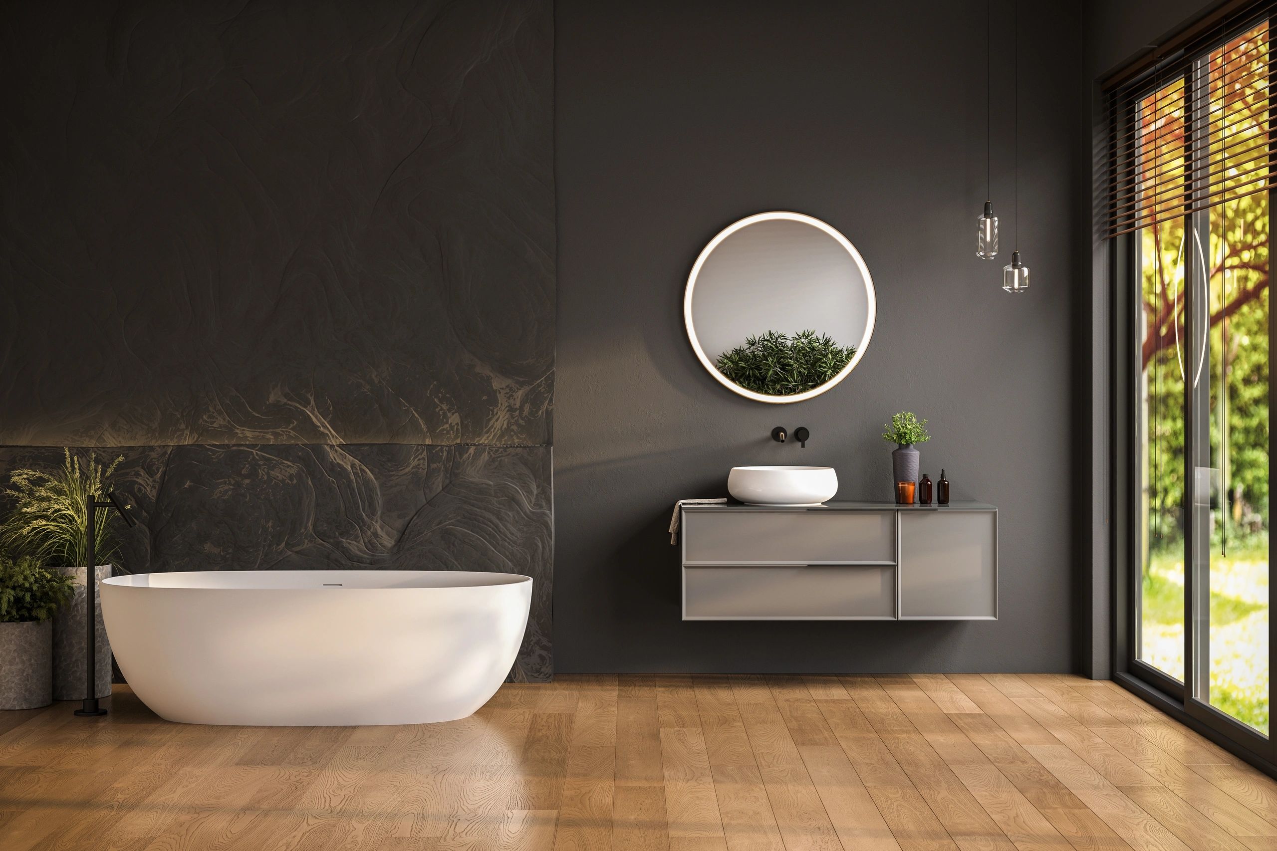 Modern bathroom with white bathtub, floating vanity, round mirror, and large window.
