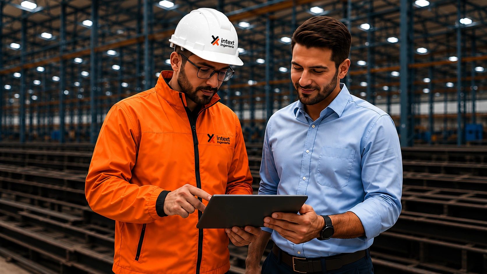 Dos ingenieros revisan una tableta en un almacén.