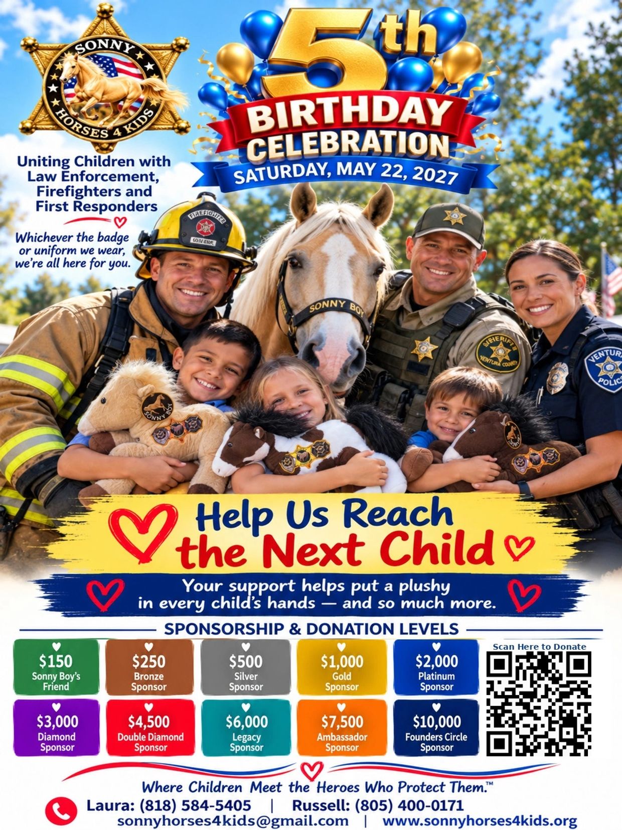 5th birthday celebration for Sonny Horses 4 Kids on May 22, 2027, supporting children and first responders.