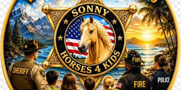 Children and first responders admire a sheriff badge with a horse and American flag.