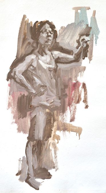 Woman in shorts and tee shirt painting at her easel. Nearly monochromatic.