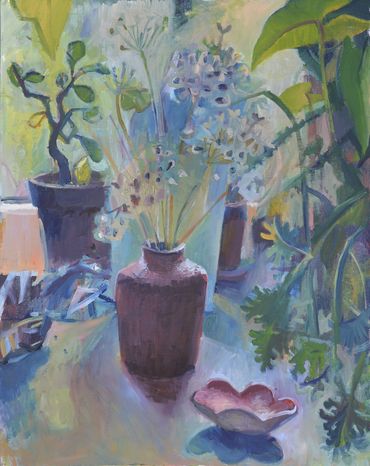 Still life oil painting of plants and a small scalloped bowl.