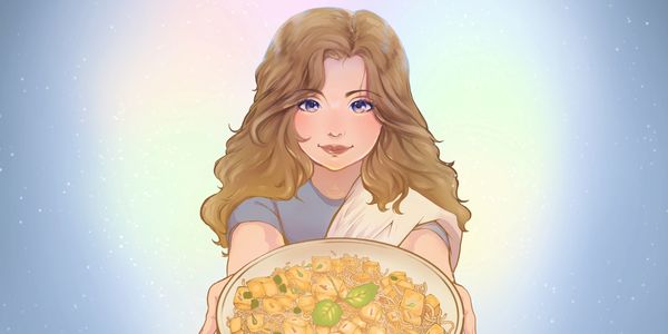 Woman offering a plate of pasta with a smile.