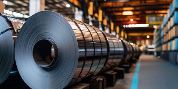 Large steel coils neatly stored in an industrial warehouse.