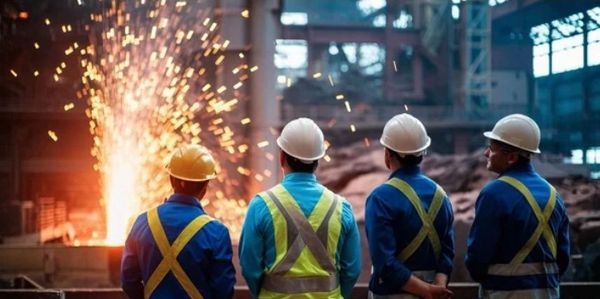 Four workers in safety gear observe molten metal in an industrial setting.