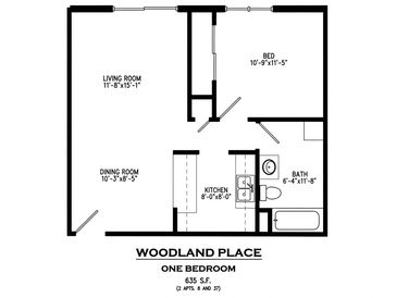 One-bedroom apartment floor plan at Woodland Place.
