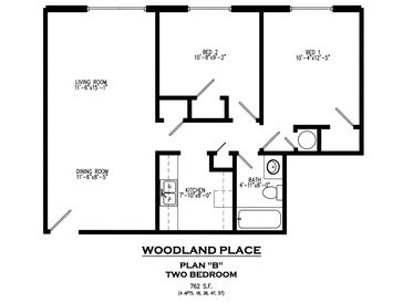 Floor plan of a two-bedroom apartment at Woodland Place.
