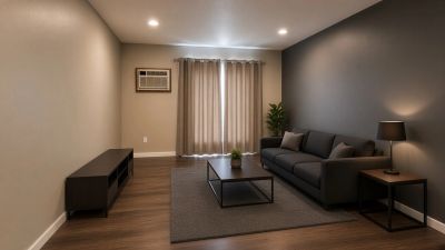 Modern living room with gray sofa and wooden floor.