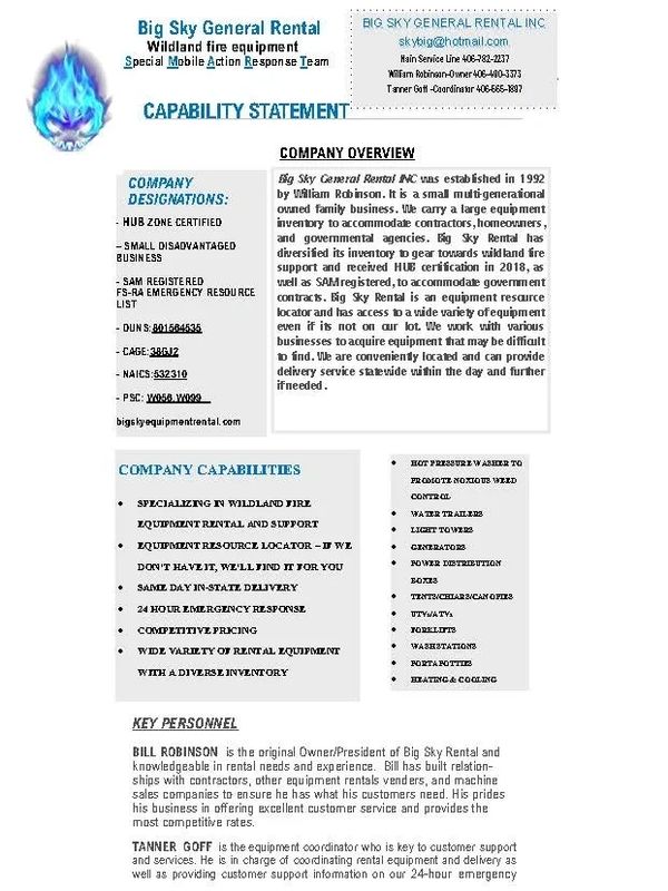 Big Sky General Rental offers specialized wildland fire equipment and emergency response services with same-day delivery.