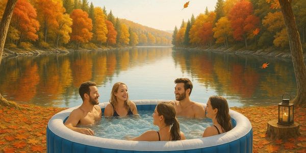 Fall activities at your lake house. Hot tub by the lake.