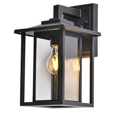 Black metal outdoor wall lantern with glass panels and a visible bulb.