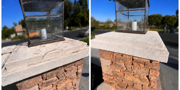 Before-and-after closeout photos of a repaired stucco pillar.