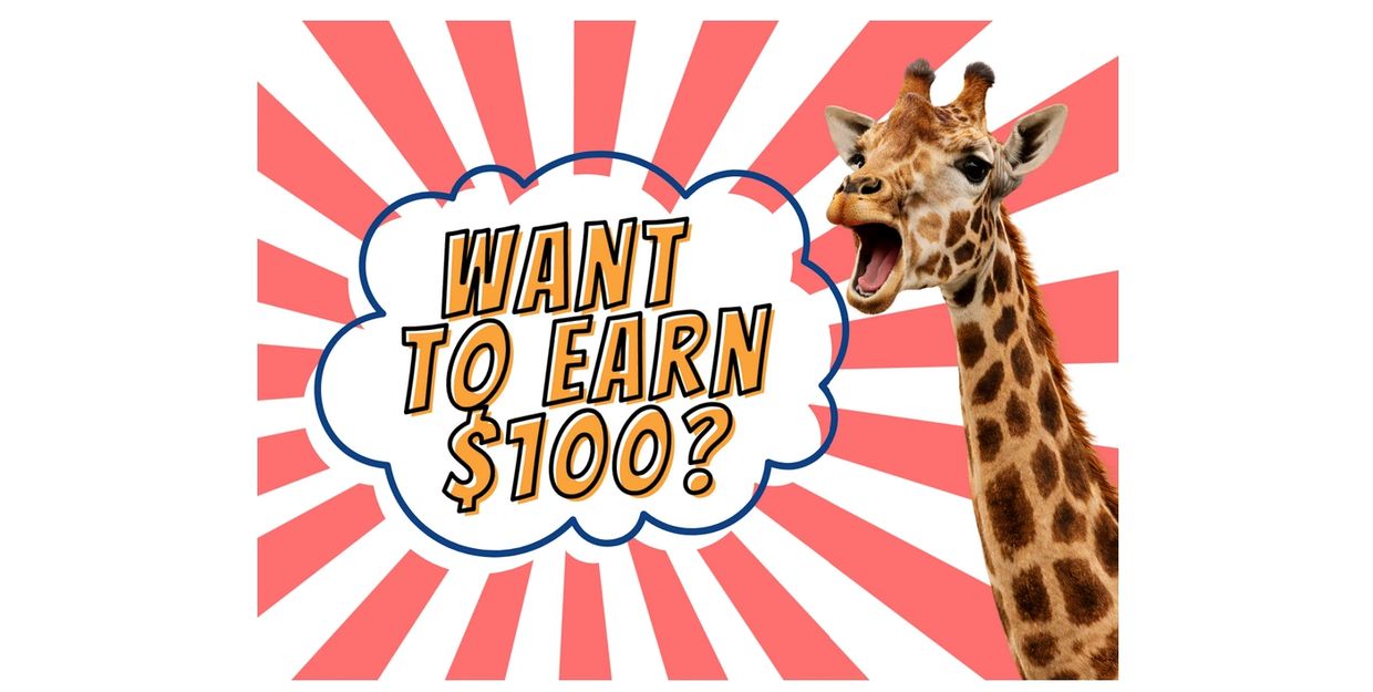 A giraffe with a speech bubble asking if you want to earn $100.