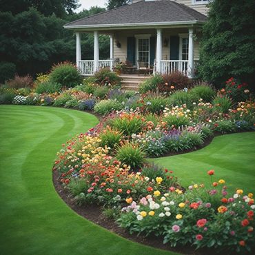 A beautiful custom garden in front of a home with a freshly mowed lawn