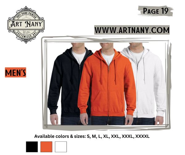 Men's hoodies in black, orange, and white, available in multiple sizes.