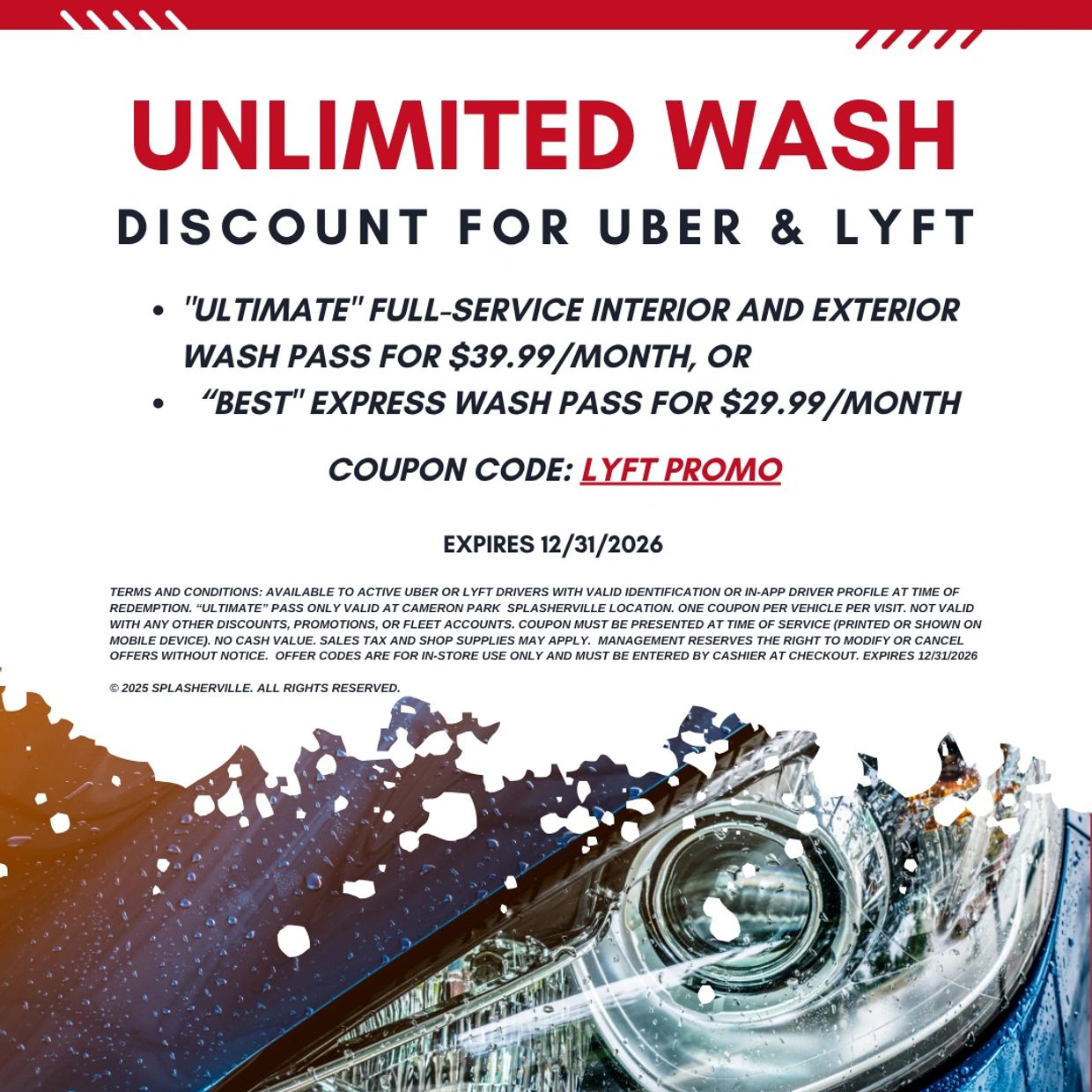 Unlimited car wash discount for Uber and Lyft drivers with promo code LYFT PROMO.
