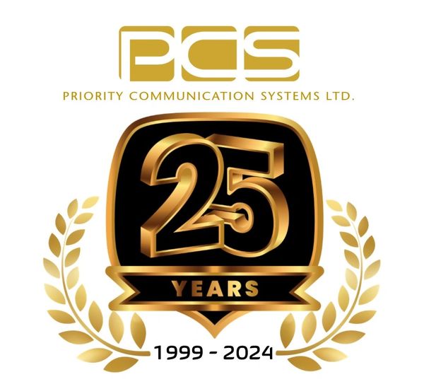 PCS 25 years anniversary logo with gold and black design.