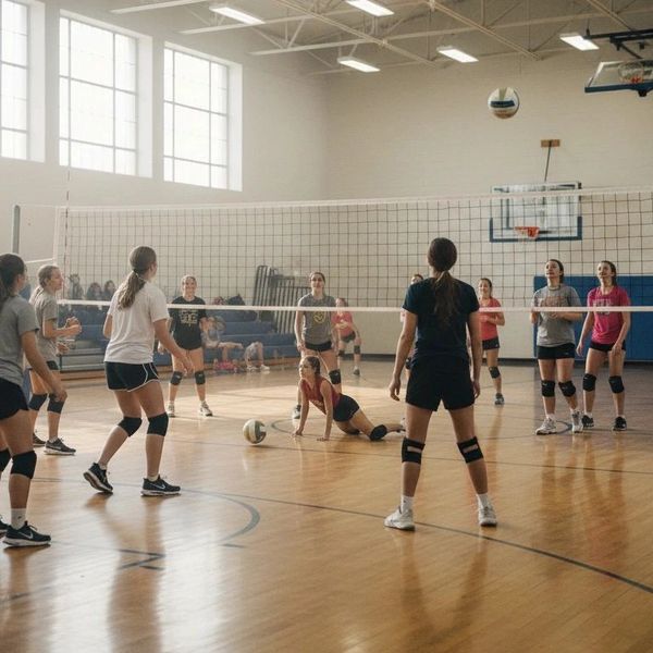Teen girls playing volleyball in a gymnasium during a match.