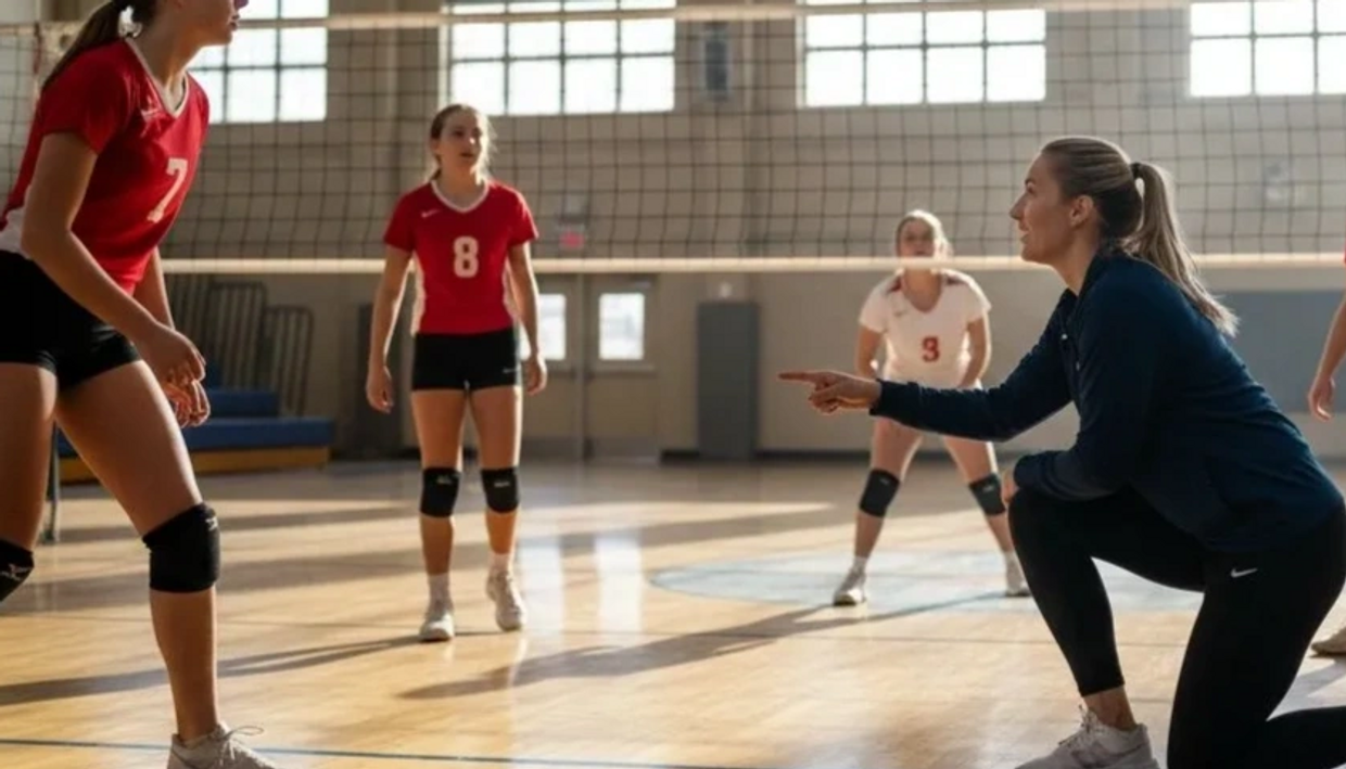 Volleyball coach instructing players during practice in a gym.