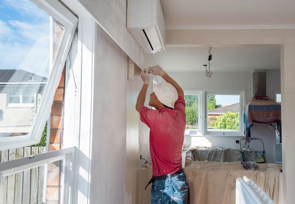 Worker installing or repairing wall-mounted air conditioner inside a home