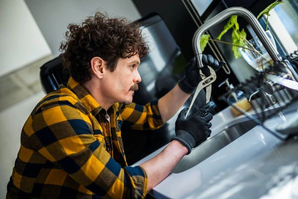 Man fixing kitchen faucet with pliers while wearing gloves and plaid shirt