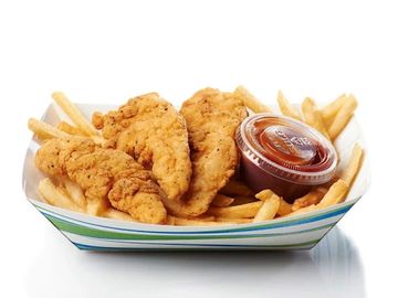 Three - Chicken Fingers  with a side of fries and a choice of dipping sauce and a drink.