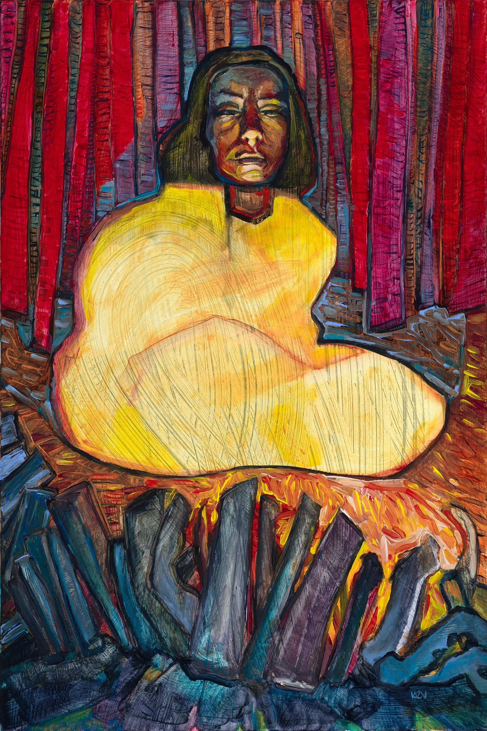 Figurative painting. Woman at rest next to campfire