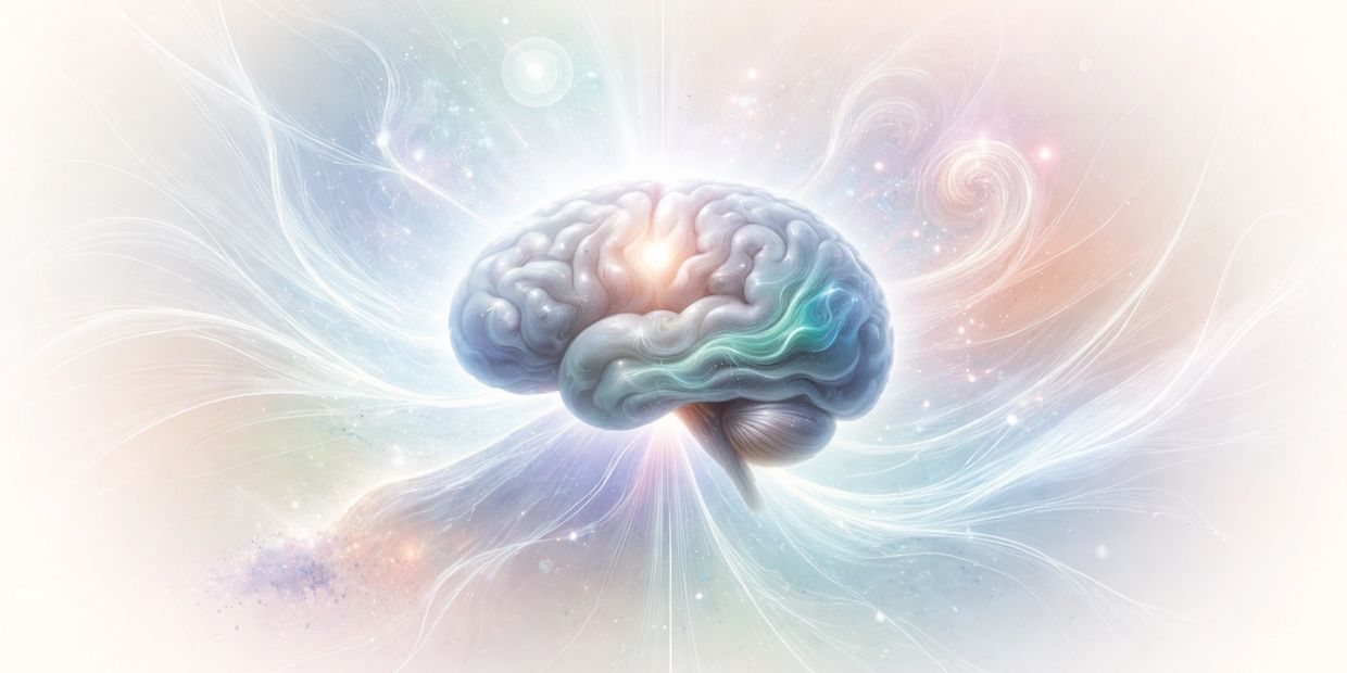 A glowing brain surrounded by ethereal light and energy flows.