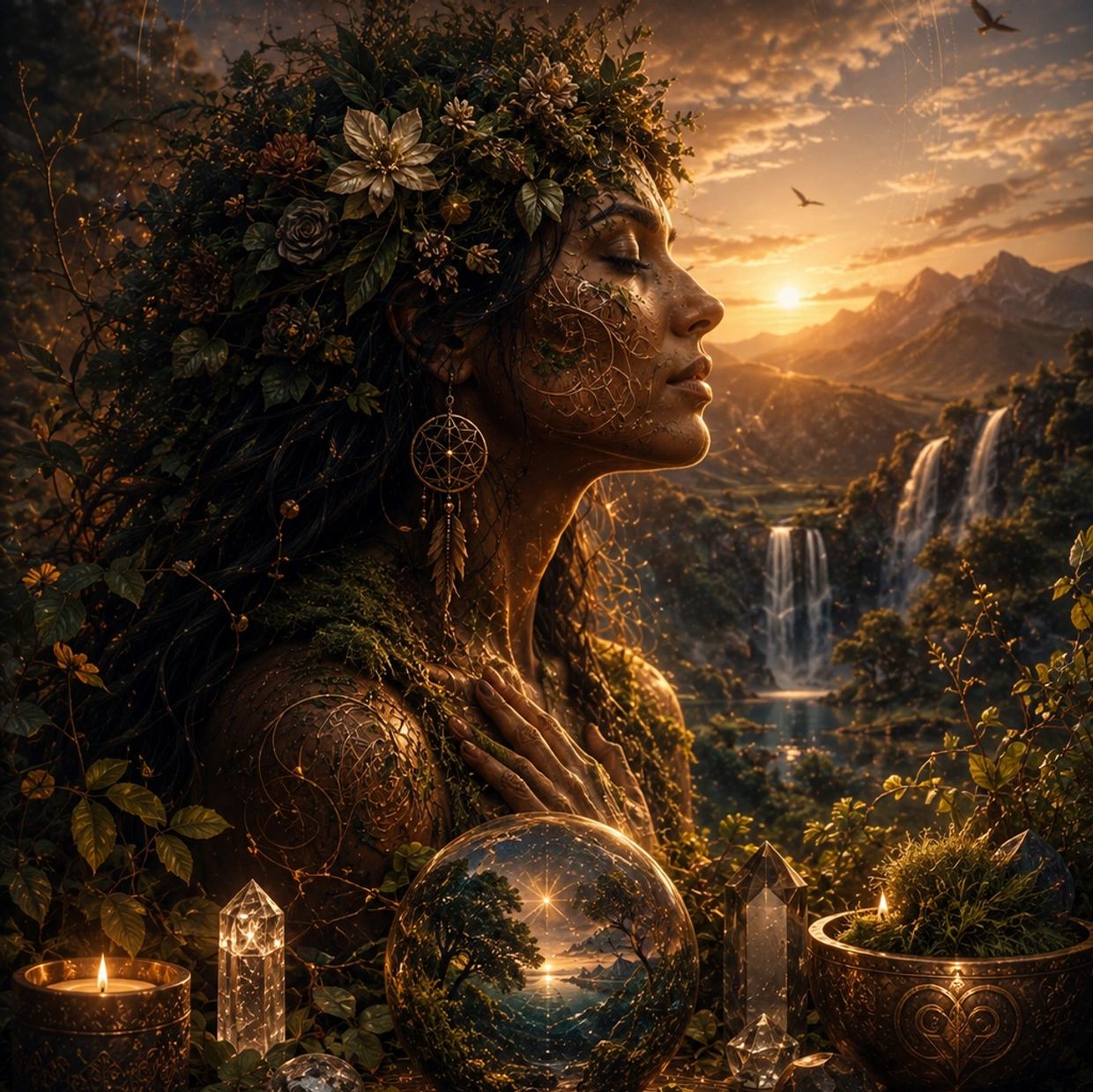 A mystical woman adorned with flowers and nature, surrounded by crystals and candles at sunset.