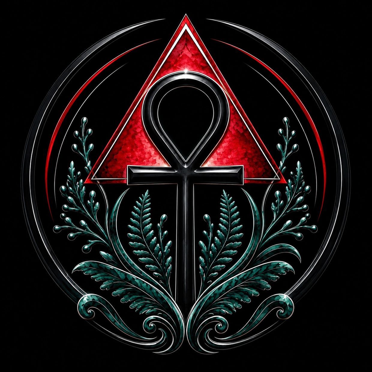 A black ankh symbol with a red triangle and green foliage on a black background.