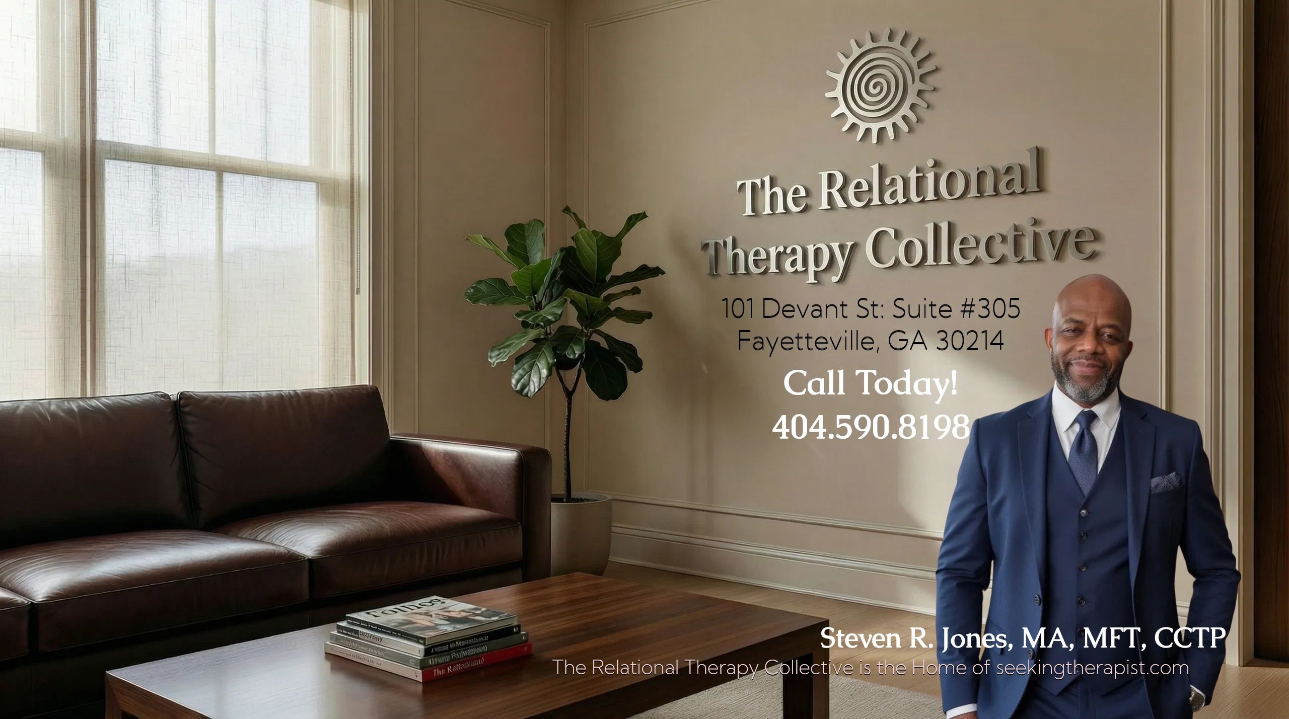 Professional therapy office with a welcoming therapist in a suit.