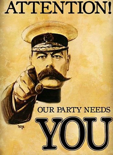 Vintage recruitment poster with a stern man pointing, saying "Our party needs YOU."