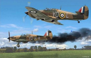 Two WWII fighter planes flying over a field, one trailing black smoke.