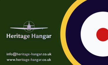 Heritage Hangar logo with vintage airplane and contact details on dark green background.