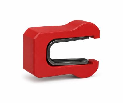 Modern red chair with a unique shape.