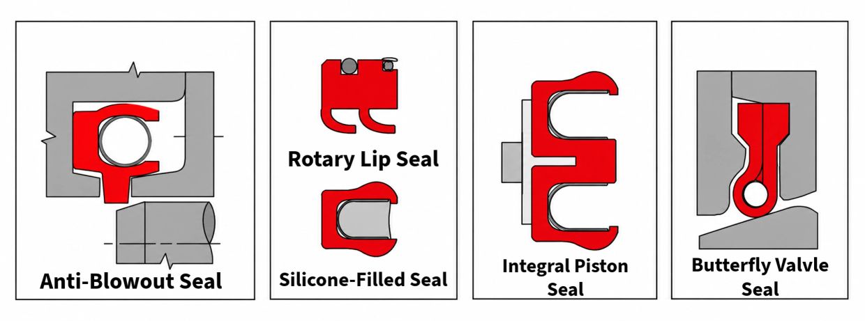 Types of seals in cross-sectional views with labels.