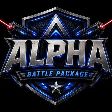 Futuristic metallic logo for Alpha Battle Package with glowing blue accents.