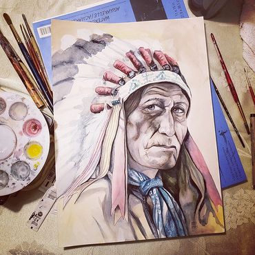 Commissioned portrait of High Bear, a member of the Oglala Lakota tribe, late 1880's. Original water